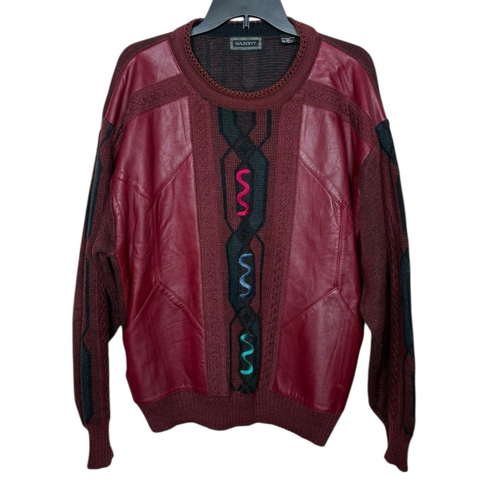 Vintage Saxony Leather Acrylic Blend Geometric Sweater Men's Size M Hip Hop 90's